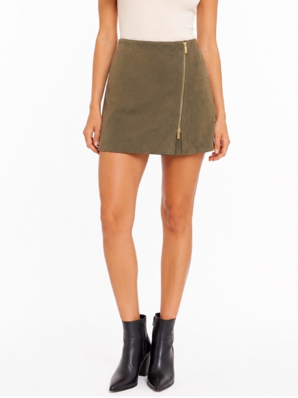 PARKER Olive Green Faux-Suede Mini Skirt with Diagonal Gold Zip • Large • NWT